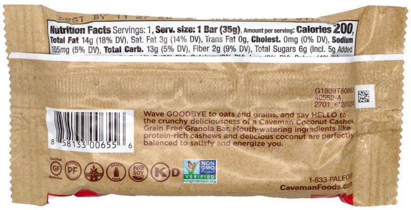 caveman foods grain free granola bar caveman foods 982362