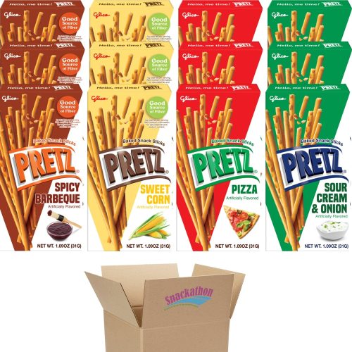 Glico Pretz Pretzel Biscuit Sticks Variety Pack, 4 Classic Flavors (Pizza, Spicy Barbeque, Sour Cream & Onion, Sweet Corn) 1.09 Ounce Each, Pack of 12 Snackathon 4 Classic 12 Pack 