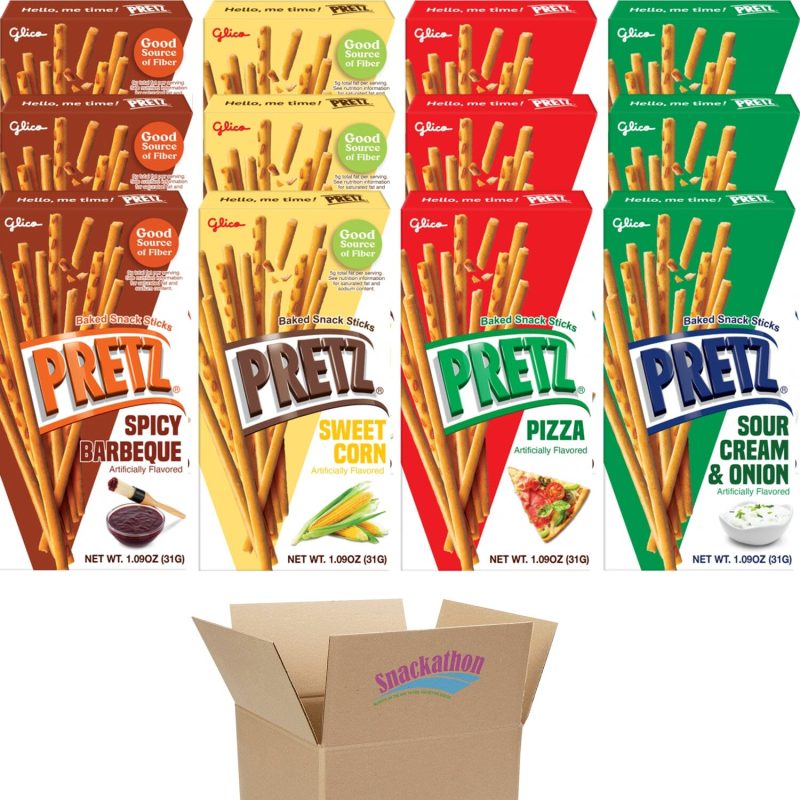 Glico Pretz Pretzel Biscuit Sticks Variety Pack, 4 Classic Flavors (Pizza, Spicy Barbeque, Sour Cream & Onion, Sweet Corn) 1.09 Ounce Each, Pack of 12 Snackathon 4 Classic 12 Pack