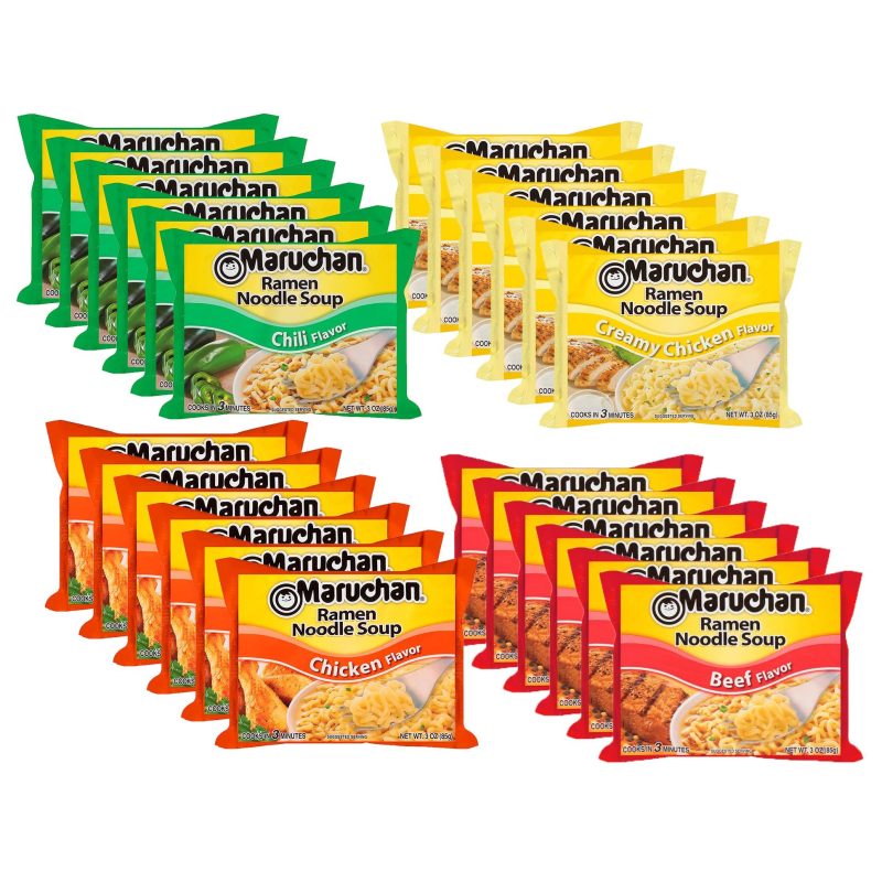 Maruchan Ramen Noodle Soup Variety, 4 Flavors, 3 Ounce, 6 Packages each Flavor, Total 24 Packages (Chicken, Beef, Chili, Creamy Chicken) Snackathon 4 Flavors 3 Ounce (Pack of 24)