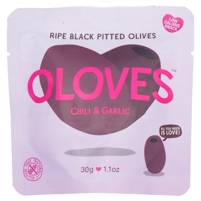 OLOVES Natural Whole Pitted Olives Elma Farms Chili & Garlic 1.1 Ounce