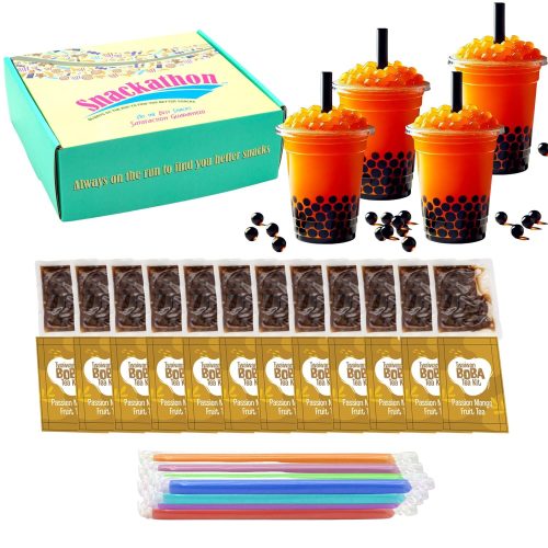 Snackathon Instant Boba Bubble Pearl Milk Tea Kit with Authentic Brown Sugar Tapioca Boba, Ready in Under One Minute, Straws Included Snackathon Passion Fruit Mango 12 Servings 