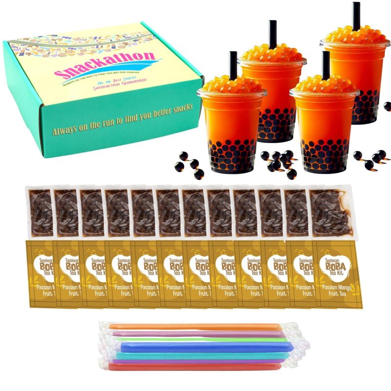 Snackathon Instant Boba Bubble Pearl Milk Tea Kit with Authentic Brown Sugar Tapioca Boba, Ready in Under One Minute, Straws Included Snackathon Passion Fruit Mango 12 Servings