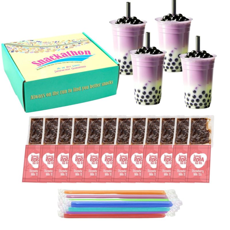 Snackathon Instant Boba Bubble Pearl Milk Tea Kit with Authentic Brown Sugar Tapioca Boba, Ready in Under One Minute, Straws Included Snackathon Strawberry Milk Tea 12 Servings