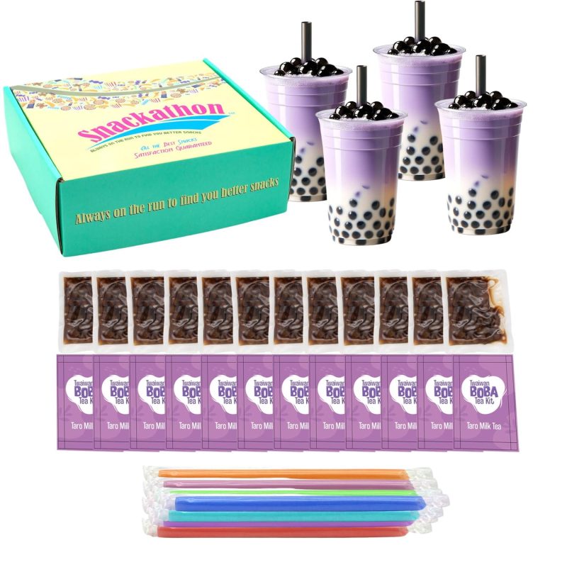 Snackathon Instant Boba Bubble Pearl Milk Tea Kit with Authentic Brown Sugar Tapioca Boba, Ready in Under One Minute, Straws Included Snackathon Taro 12 Servings