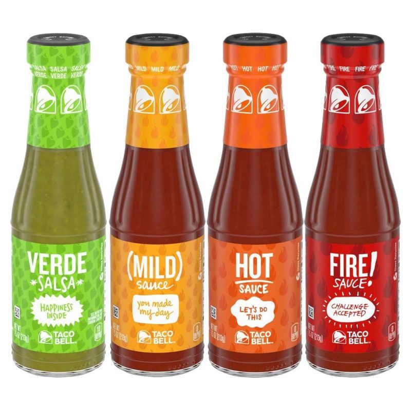 taco bell glass condiment sauce variety pack 1 verde 1 mild 1 hot 1 fire 4 ct snackathon 707587